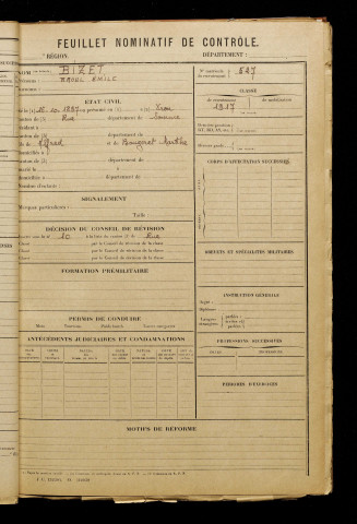 Bizet, Raoul Emile, né le 16 octobre 1897 à Vron (Somme), classe 1917, matricule n° 527, Bureau de recrutement d'Abbeville