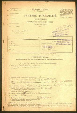 Cléry-sur-Somme. Demande d'indemnisation des dommages de guerre : dossier Pouillaude-Cousin