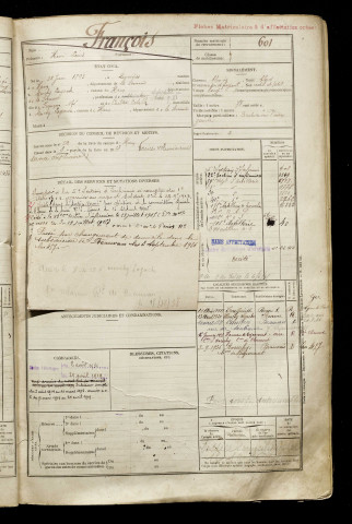 François, Henri Louis, né le 23 juin 1893 à Quivières (Somme), classe 1913, matricule n° 601, Bureau de recrutement de Péronne