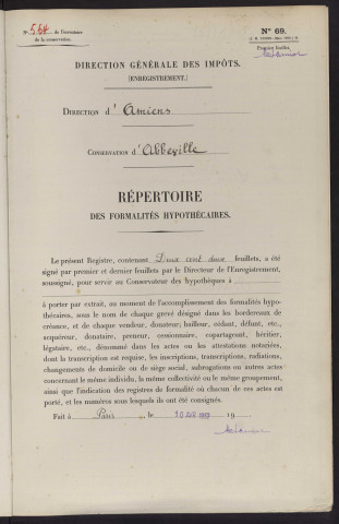 Répertoire des formalités hypothécaires, du 24/11/1952 au 26/02/1953, registre n° 564 (Abbeville)