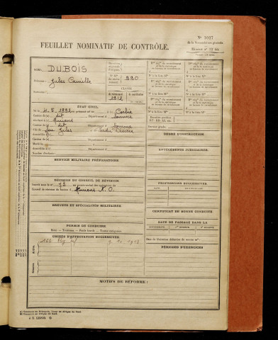 Dubois, Jules Camille, né le 04 mai 1892 à Corbie (Somme), classe 1912, matricule n° 990, Bureau de recrutement d'Amiens