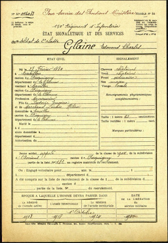 Glaine, Edmond Charles, né le 27 février 1884 à Cavillon (Somme), classe 1904, matricule n° 182, Bureau de recrutement d'Amiens