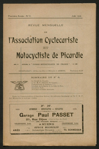 Revue mensuelle de l'association cyclecariste et motocycliste de Picardie - 1ère année, numéro 8