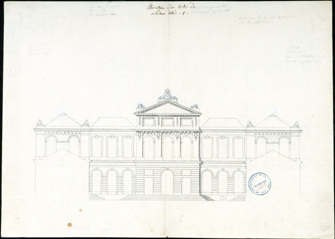 Hôtel de l'Intendance : projet de plan en élévation des façades côté cour, attribué à l'architecte Rousseau