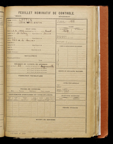Lottin, Léon Marie Gaston, né le 02 septembre 1897 à Arrest (Somme), classe 1917, matricule n° 138, Bureau de recrutement d'Abbeville