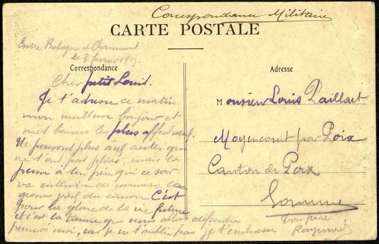 Carte postale intitulée "Communiante. Pleyben, Brasparts". Correspondance de Raymond Paillart à son fils Louis