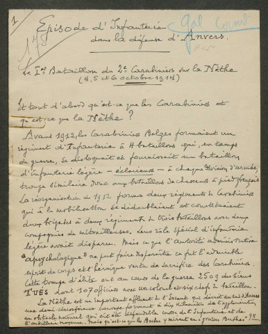 Témoignage de Cornil, Fernand (Général) et correspondance avec Jacques Péricard
