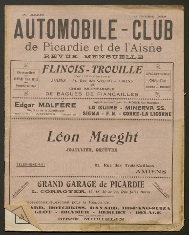 Automobile-club de Picardie et de l'Aisne. Revue mensuelle, 10e année, juillet 1914