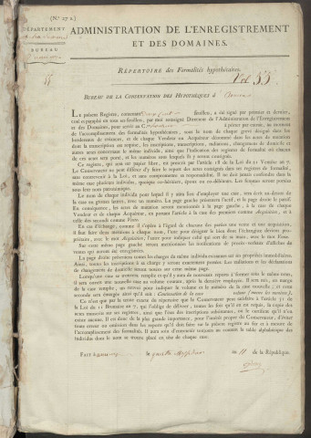 Répertoire des formalités hypothécaires, du 1er messidor an XI au 21 thermidor an XI, volume 55 (Conservation des hypothèques d'Amiens)