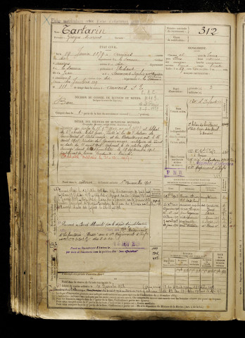 Tartarin, Georges Marius, né le 19 janvier 1879 à Amiens (Somme), classe 1899, matricule n° 312, Bureau de recrutement d'Amiens
