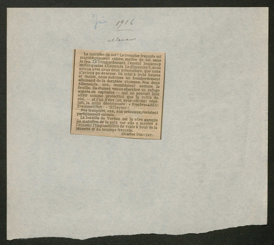 Témoignage de Delvert, Charles (Capitaine) et correspondance avec Jacques Péricard