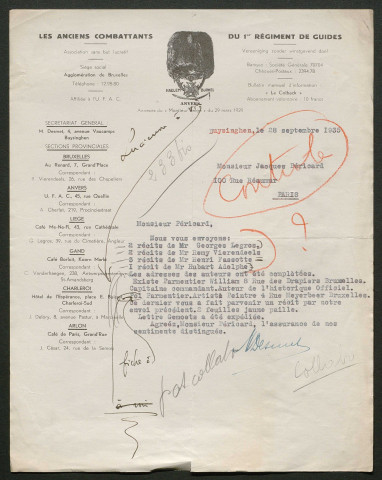 Témoignage de Desmet, Maurice et correspondance avec Jacques Péricard