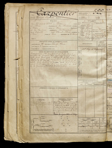 Carpentier, Georges Léopold, né le 31 mars 1892 à Vron (Somme), classe 1912, matricule n° 522, Bureau de recrutement d'Abbeville