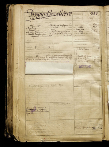 Pasquier Besselièvre, Jules Adolphe Pierre, né le 13 juin 1888 à Bourbourg-Campagne (Nord), classe 1908, matricule n° 956, Bureau de recrutement de Péronne