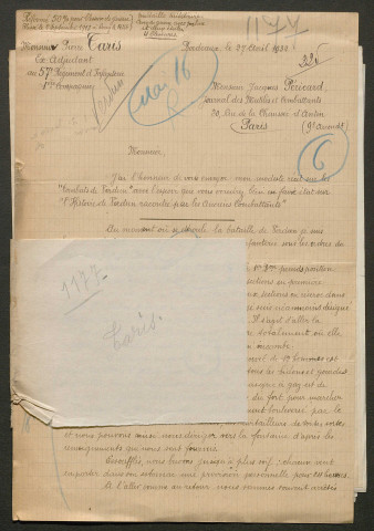 Témoignage de Taris, Pierre (Adjudant) et correspondance avec Jacques Péricard