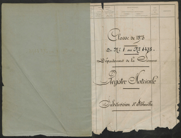 Abbeville : liste des matricules n° 1 à 1478 de la classe 1873