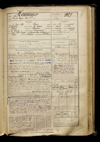 Hennuyer, Emile Eugène Henri, né le 03 juin 1889 à Lihons (Somme), classe 1909, matricule n° 927, Bureau de recrutement de Péronne