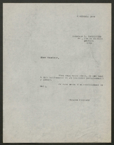 Témoignage de Carpentier, Julien et correspondance avec Jacques Péricard