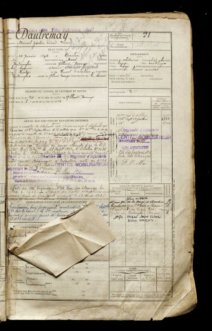 Dautremay, Marcel Zéphir Léon, né le 14 janvier 1894 à Trélon (Nord), classe 1914, matricule n° 21, Bureau de recrutement d'Amiens
