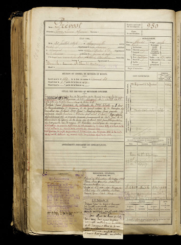 Prévost, Pierre Lucien Maurice, né le 31 juillet 1895 à Moyenneville (Somme), classe 1915, matricule n° 950, Bureau de recrutement d'Amiens