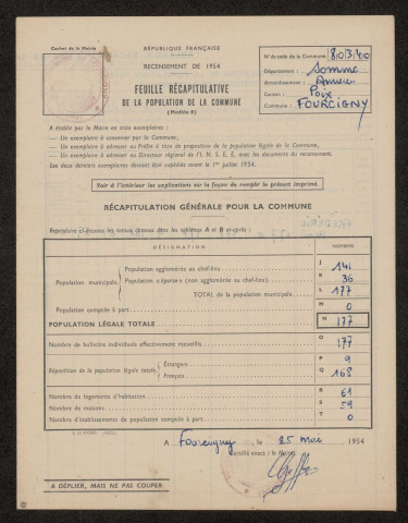 Recensement de la population 1954: Fourcigny - Feuille récapitulative (pas de données nominatives)