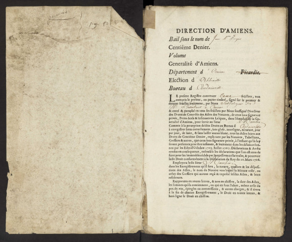 Centième denier du bureau d'Andainville pour la période du 6 septembre 1743 au 27 septembre 1748