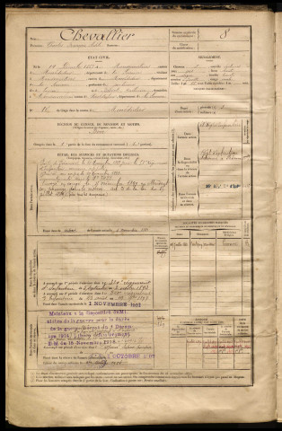Chevallier, Charles François Adèle, né le 14 décembre 1867 à Marestmontiers (Somme), classe 1887, matricule n° 8, Bureau de recrutement de Péronne