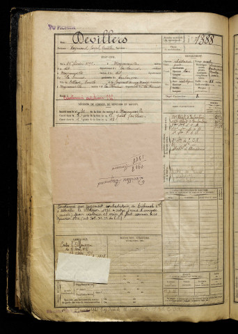 Devillers, Raymond Joseph Emile, né le 26 février 1898 à Moyenneville (Somme), classe 1918, matricule n° 1388, Bureau de recrutement d'Abbeville