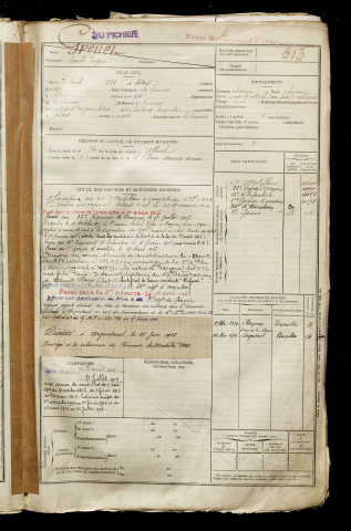 Grenet, Marcel Eugène, né le 07 avril 1893 à Albert (Somme), classe 1913, matricule n° 513, Bureau de recrutement de Péronne