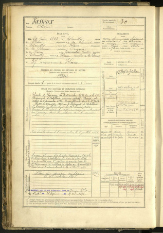 Vasseur, Olivier, né le 29 juin 1862 à Estouilly (Somme, France), classe 1882, matricule n° 30, Bureau de recrutement de Péronne