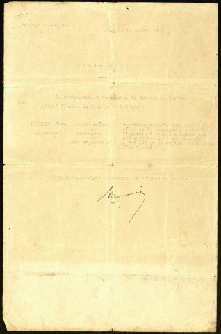 Ordre n° 277 du 11 mai 1915, le contre-amiral commandant de la Brigade de marins cite à l'ordre du jour de la Brigade Pailler Jean-Marie second maître de manoeuvre du 2e Régiment