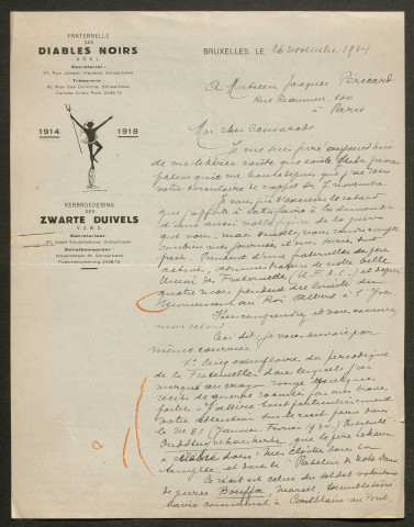 Témoignage de Albert, H. (Président de la Fraternelle des Diables Noirs A. S. B. L.) et correspondance avec Jacques Péricard