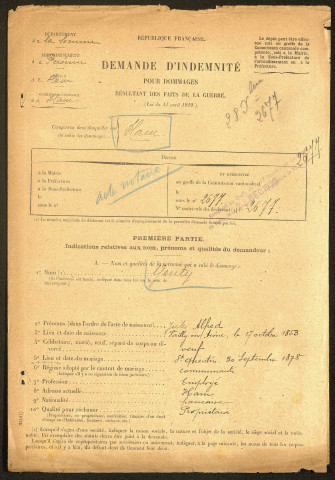 Ham. Demande d'indemnisation des dommages de guerre : dossier Genty