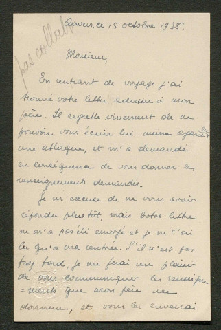 Témoignage de De Brauwere, Henri (Général) et correspondance avec Jacques Péricard