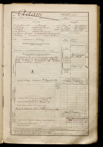 Adam, Julien Alexis, né le 26 mars 1875 à Boismont (Somme), classe 1895, matricule n° 1191, Bureau de recrutement d'Abbeville
