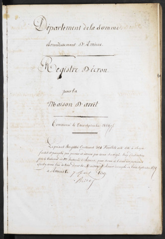 Maison d'arrêt d'Amiens. Arrêt. Registre d'écrou : numéros 1 à 900. 03 septembre 1859 - 08 avril 1861