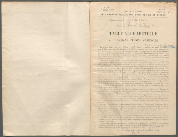 Table des successions et absences du bureau de Saint-Valery-sur-Somme