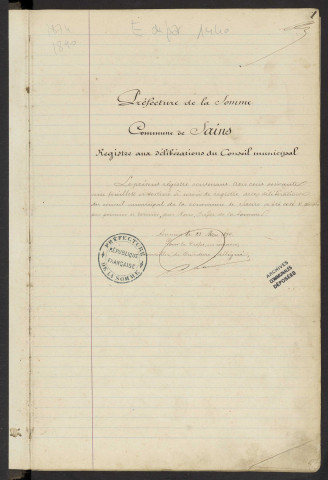 Sains-en-Amiénois. Délibérations du conseil municipal (24 mai 1874-9 février 1890)