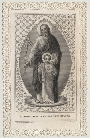 Image pieuse dentelle. Saint Joseph ami du Sacré-Coeur priez pour nous. Saint Joseph et l'Enfant Jésus avec le Sacré-Coeur