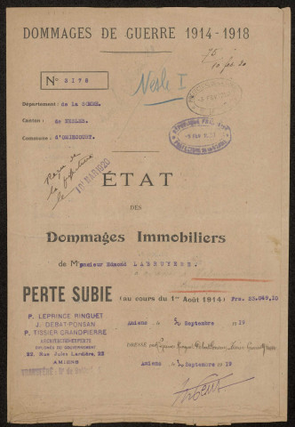 Cléry-sur-Somme. Demande d'indemnisation des dommages de guerre : dossier Labruyère Edmond
