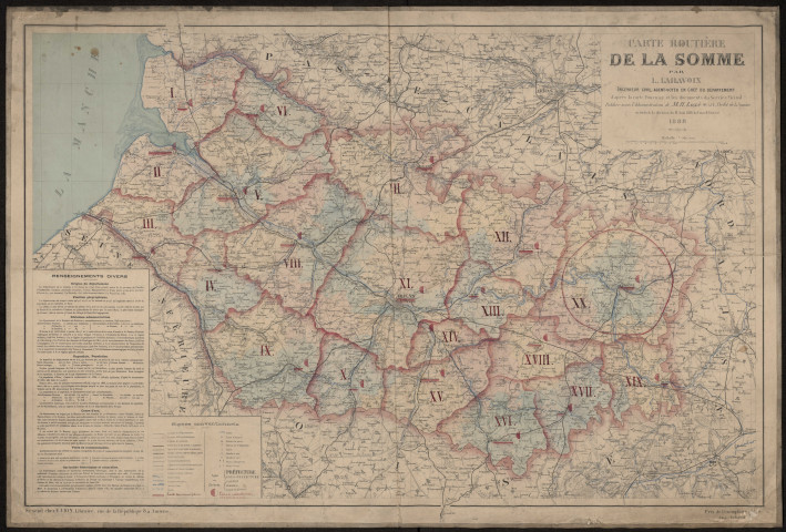 Carte routière de la Somme par L. Lailavoix, ingénieur civil, agent-voyer en Chef du département, d'après la carte Fournier et les documents du service vicinal. Publiée sous l'administration de M.H. Lozé, préfet de la Somme, en vertu de la décision du 18 août 1886 du Conseil général