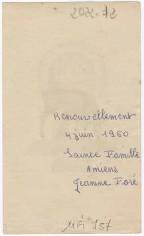 Un cerf s'abreuvant à un calice. Renouvellement de Jeanine Foré, le 4 juin 1960 en l'église de la Sainte Famille