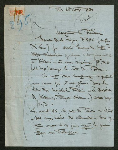 Témoignage de Harlé (Lieutenant) et correspondance avec Jacques Péricard