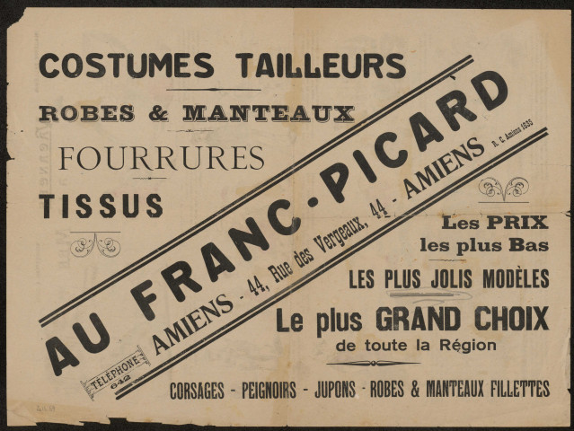 Publicité pour le magasin "Au Franc-Picard", 44 rue des Vergeaux à Amiens. Les prix les plus bas, les plus jolis modèles, le plus grand choix de toute la région. Costumes, tailleurs, robes & manteaux, fourrures, tissus, corsages, peignoirs, robes & manteaux de fillettes. A verso : Imagerie Pellerin, Imagerie d'Epinal n° 3002 "Vacances à la mer"