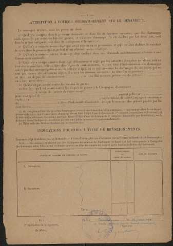 Péronne. Demande d'indemnisation des dommages de guerre : dossier Ville de Péronne (Archives communales)