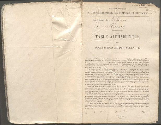 Table des successions et absences du bureau de Hornoy-le-Bourg