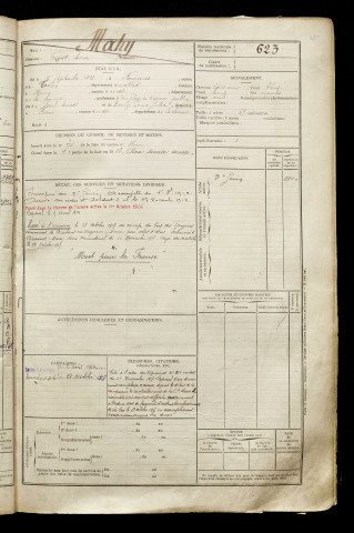 Mahy, Ernest Adrien, né le 06 septembre 1893 à Fourmies (Nord), classe 1913, matricule n° 623, Bureau de recrutement de Péronne