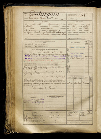 Outurquin, Louis Joseph Firmin, né le 07 juin 1889 à Ignaucourt (Somme), classe 1909, matricule n° 138, Bureau de recrutement de Péronne