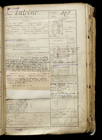 Antoine, Boniface Louis Joseph, né le 14 mai 1890 à Beaurainville (Pas-de-Calais), classe 1910, matricule n° 375, Bureau de recrutement d'Abbeville