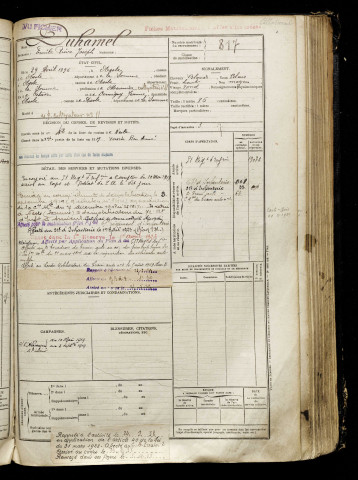 Duhamel, Emile Pierre Joseph, né le 29 avril 1896 à Nesle (Somme), classe 1916, matricule n° 817, Bureau de recrutement de Péronne